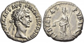 Nerva, 96-98. Denarius 97, AR 2.75 g. Laureate head r. Rev. Libertas standing l. holding pileus in r. hand and sceptre in l. C 117. RIC 31. Light irid...