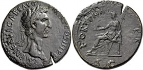 Nerva, 96-98. Sestertius 97, Æ 27.56 g. Laureate head r. Rev. Fortuna seated l., holding ears of corn and sceptre. C 80. RIC 85. Dark tone and heavily...