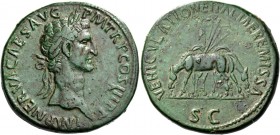Nerva, 96-98. Sestertius 97, Æ 26.73 g. Laureate head r. Rev. Two mules grazing in opposite directions; behind, shafts and harness. C 143. RIC 93. Ver...