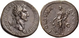 Nerva, 96-98. Sestertius 97, Æ 26.96 g. Laureate head r. Rev. Fortuna standing l. holding ruder in r. hand and cornucopiae in l. C 72. RIC 98. Lovely ...