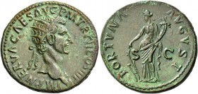 Nerva, 96-98. Dupondius 97, Æ 12.12 g. Radiate head r. Rev. Fortuna standing l. holding rudder and cornucopiae. C 74. RIC 99. Green patina with minor ...