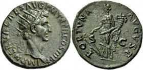 Nerva, 96-98. Dupondius 97, Æ 12.33 g. Radiate head r. Rev. Fortuna standing standing l. holding rudder and cornucopiae. C 74. RIC 99. Dark green pati...