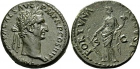 Nerva, 96-98. As 97, Æ 11.25 g. Laureate head r. Rev. Fortuna standing l., holding rudder and cornucopiae. C 68. RIC 83. Dark green patina and extreme...