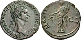 Nerva, 96-98. As 97, Æ 10.91 g. Laureate head r. Rev. Aequitas standing l. holding scales and cornucopiae. C 10. RIC 94. Brown-green patina somewhat s...