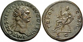 Trajan, 98 – 117. Dupondius 98, Æ 14.31 g. Radiate head r. Rev. Abundantia (?) seated l. on chair formed of two cornuco­piae, holding sceptre. C 382 v...