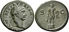 Trajan, 98 – 117. Semis circa 99-105, Æ 3.38 g. Laureate head r. Rev. Facing statue of Hercules on pedestal, head r., holding club. C 336. RIC 689. Sc...