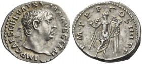 Trajan, 98 – 117. Denarius 102, AR 3.41 g. Laureate head r. Rev. Victory standing l., holding wreath and palm branch. C 240. RIC 58. Light iridescent ...