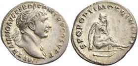 Trajan, 98 – 117. Denarius 103-107, AR 3.42 g. Laureate head r. Rev. Dacia seated r. on shield in attitude of mourning; below, curved sword. C 529 var...