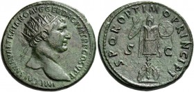 Trajan, 98 – 117. Dupondius 103-107, Æ 14.16 g. Radiate bust r. Rev. Trophy with two shields at base. C 573. RIC 586. Green patina somewhat smoothed, ...