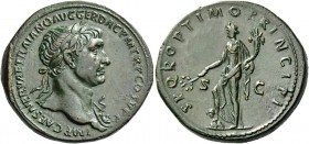 Trajan, 98 – 117. Sestertius 104-107, Æ 25.70 g. Laureate bust r., wearing aegis. Rev. Pax standing l., holding branch and cornucopiae, r. foot placed...