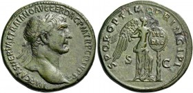 Trajan, 98 – 117. Sestertius 104-107, Æ 25.02 g. Laureate bust r. wearing aegis. Rev. Victory standing r., fastening to palm tree a shield. C 454. RIC...