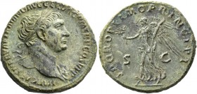 Trajan, 98 – 117. As circa 104/5-107, Æ 10.74 g. Laureate bust r., wearing aegis. Rev. Victory advancing l., holding in r. hand branch and palm in l. ...
