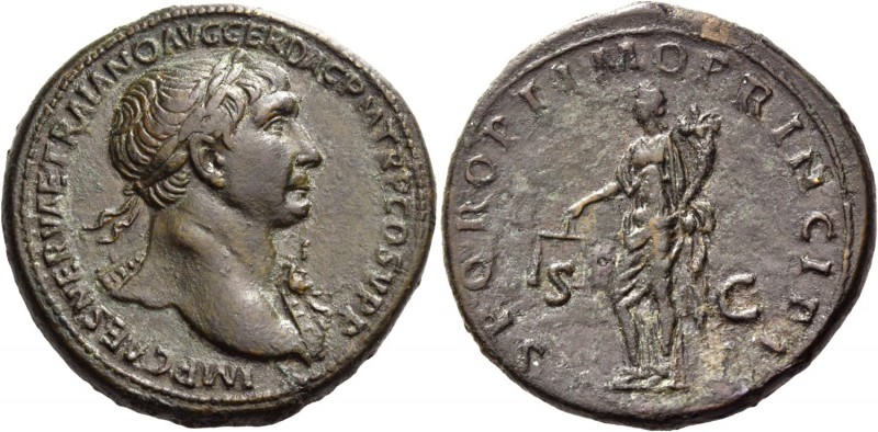 Trajan, 98 – 117. Sestertius 106-107, Æ 27.74 g. Laureate head r., drapery on l....