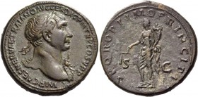 Trajan, 98 – 117. Sestertius 106-107, Æ 27.74 g. Laureate head r., drapery on l. shoulder. Rev. Aequitas standing l., holding scales and cornucopiae. ...