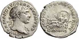 Trajan, 98 – 117. Denarius 107-108, AR 3.45 g. Laureate bust r., with drapery on l. shoulder. Rev. Danubius reclining l. on rocks. C 136. RIC 100. Sca...