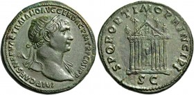 Trajan, 98 – 117. Sestertius 107-108, Æ 25.19 g. Laureate head r., with drapery on l. shoulder. Rev. Octastyle temple. On pediment, Jupiter seated bet...
