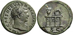 Trajan, 98 – 117. Semis 107-109, Æ 3.22 g. Laureate bust r., with drapery on l. shoulder. Rev. Table on which stands an urn with palm and a wreath. C ...