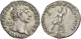 Trajan, 98 – 117. Denarius 108-109, AR 3.22 g. Laureate head r. with drapery on l. shoulder. Rev. Roma seated l., holding victory and spear. C 69. RIC...