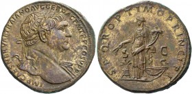Trajan, 98 – 117. Sestertius circa 108-109/110, Æ 24.77 g. Laureate bust r. with drapery on far shoulder. Rev. Abundantia standing l., holding in r. h...