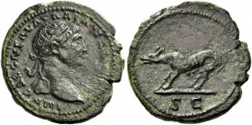 Trajan, 98 – 117. Semis after 109, Æ 2.85 g. Laureate bust r., with drapery on l. shoulder. Rev. She-wolf walking l. C 340 var. (without drapery). RIC...