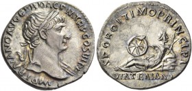 Trajan, 98 – 117. Denarius 112-113, AR 3.09 g. Laureate bust r., drapery on l. shoulder. Rev. Via Traiana reclining l., head r., holding wheel and bra...