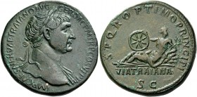 Trajan, 98 – 117. Sestertius circa 112/113-114, Æ 25.40 g. Laureate bust r., with drapery on l. shoulder. Rev. Via Traiana reclining l., head r., hold...