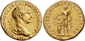 Trajan, 98 – 117. Aureus circa 113-114, AV 7.25 g. Laureate, draped and cuirassed bust r.; below neck, globe. Rev. Jupiter standing l., holding thunde...