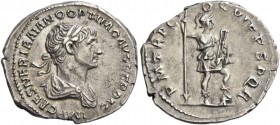 Trajan, 98 – 117. Denarius 114-116, AR 3.20 g. Laureate and draped bust r. Rev. Virtus standing r., holding reverted spear and parazonium. C 274. RIC ...