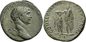 Trajan, 98 – 117. Sestertius 114-116, Æ 25.31 g. Laureate head r. with drapery on l. shoulder. Rev. Jupiter standing l., holding thunderbolt and prote...