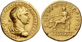 Trajan, 98 – 117. Aureus 114-117, AV 7.08 g. Laureate, draped and cuirassed bust r. Rev. Salus seated l., feeding out of patera a snake twined around ...