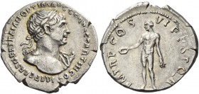 Trajan, 98 – 117. Denarius 116, AR 3.28 g. Laureate headed bust r., with aegis on l. shoulder. Rev. Genius standing l., holding patera and ear of corn...
