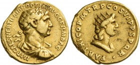 Trajan, 98 – 117. Aureus 116-117, AV 7.34 g. Laureate, draped and cuirassed bust r. Rev. Draped bust of Sol r. C 187 var. (GER). RIC 329. Calicó 1038....
