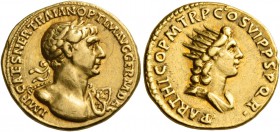 Trajan, 98 – 117. Aureus 116-117, AV 7.17 g. Laureate headed bust r., with aegis on l. shoulder. Rev. Draped bust of Sol r. C –. RIC 330 var. Calicó 1...