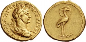 Trajan, 98 – 117. Divo Traiano. Aureus 118, AV 7.16 g. Laureate, draped and cuirassed bust r. Rev. Phoenix, radiate, stands r. on laurel branch. C 659...