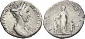 Matidia, daughter of Marciana. Denarius circa 112-117, AR 3.15 g. Diademed and draped bust r. Rev. Matidia as Pietas standing facing, head l., holding...