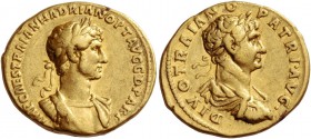 Hadrian, 117 – 138. Aureus 117-118, AV 7.11 g. Laureate and cuirassed bust of Hadrian r. Rev. Laureate, draped and cuirassed bust of Trajan r. C 1. RI...