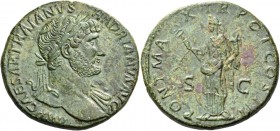 Hadrian, 117 – 138. Sestertius 119, Æ 25.73 g. Laureate bust r., with drapery on l. shoulder. Rev. Felicitas standing l., holding caduceus and cornuco...