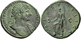 Hadrian, 117 – 138. Dupondius 119-121, Æ 11.91 g. Radiate bust r., drapery on far shoulder. Rev. Salus, with r. foot on globe, standing l., holding pa...