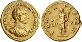 Hadrian, 117 – 138. Aureus 119-122, AV 7.22 g. Laureate, draped and cuirassed bust r. Rev. Genius of the Roman people standing l., holding cornucopiae...