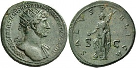 Hadrian, 117 – 138. Dupondius 119-122, Æ 14.15 g. Radiate bust r., with drapery on l. shoulder. Rev. Salus standing l., r. foot on globe, holding pate...