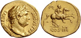 Hadrian, 117 – 138. Aureus 125-128, AV 7.03 g. Laureate bust r., with drapery on l. shoulder. Rev. Emperor galloping r., holding spear. C 414 var. (om...