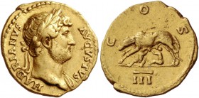 Hadrian, 117 – 138. Aureus 125-128, AV 7.18 g. Laureate bust r., with drapery on l. shoulder. Rev. She-wolf l., with twins. C 422 var. RIC 193d. Calic...
