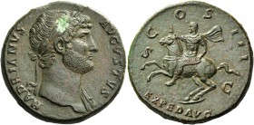 Hadrian, 117 – 138. Sestertius 125-128, Æ 27.20 g. Laureate bust r., drapery on l. shoulder. Rev. Hadrian in military attire on horseback rearing l. C...