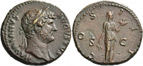 Hadrian, 117 – 138. As 125-128, Æ 12.10 g. Laureate head r. with drapery on l. shoulder. Rev. Fides standing r. holding corn ears and basket of fruit;...