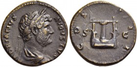 Hadrian, 117 – 138. Semis 125-128, Æ 3.63 g. Laureate and draped bust r. Rev. Lyre. C 443. BMC 1359. RIC 688. Brown tone and good very fine Ex Giessen...