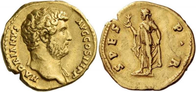 Hadrian, 117 – 138. Aureus 134-138, AV 7.10 g. Bare-headed bust r. with drapery ...