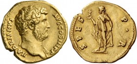 Hadrian, 117 – 138. Aureus 134-138, AV 7.10 g. Bare-headed bust r. with drapery on l. shoulder. Rev. Spes standing l., holding flower and raising skir...
