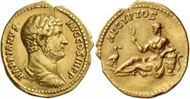 Hadrian, 117 – 138. Aureus 134-138, AV 7.21 g. Bare-headed, draped and cuirassed bust r. Rev. Egypt reclining l., holding sistrum and resting l. elbow...