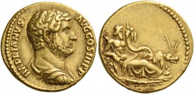 Hadrian, 117 – 138. Aureus 134-138, AV 7.14 g. Bare-headed, draped and cuirassed bust r. Rev. Nilus reclining l., holding cornucopiae and reed, leanin...