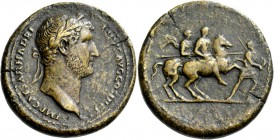 Hadrian, 117 – 138. Medallion 134-138, Æ 35.16 g. Laureate bust r. Rev. Hadrian in military attire galloping r. on horse accompanied by a soldier on h...